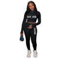 C7205 2020 Women Tops Jogger Tracksuit Outfits Fall Embroidery High Neck 2 Piece Set Crop Hoodies Women Clothing